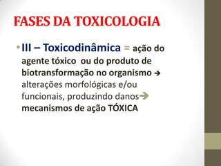 FASES DA TOXICOLOGIA
• III – Toxicodinâmica = ação do
 agente tóxico ou do produto de
 biotransformação no organismo 
 alterações morfológicas e/ou
 funcionais, produzindo danos
 mecanismos de ação TÓXICA
 