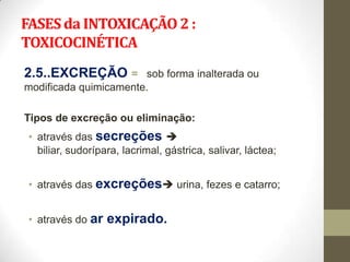 FASES da INTOXICAÇÃO 2 :
TOXICOCINÉTICA
2.5..EXCREÇÃO =        sob forma inalterada ou
modificada quimicamente.

Tipos de excreção ou eliminação:
 • através das secreções 
   biliar, sudorípara, lacrimal, gástrica, salivar, láctea;


 • através das excreções urina, fezes e catarro;


 • através do ar   expirado.
 