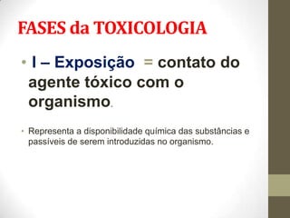 FASES da TOXICOLOGIA
• I – Exposição = contato do
 agente tóxico com o
 organismo.
• Representa a disponibilidade química das substâncias e
  passíveis de serem introduzidas no organismo.
 