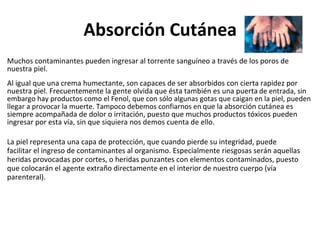 Absorción Cutánea
Muchos contaminantes pueden ingresar al torrente sanguíneo a través de los poros de
nuestra piel.
Al igual que una crema humectante, son capaces de ser absorbidos con cierta rapidez por
nuestra piel. Frecuentemente la gente olvida que ésta también es una puerta de entrada, sin
embargo hay productos como el Fenol, que con sólo algunas gotas que caigan en la piel, pueden
llegar a provocar la muerte. Tampoco debemos confiarnos en que la absorción cutánea es
siempre acompañada de dolor o irritación, puesto que muchos productos tóxicos pueden
ingresar por esta vía, sin que siquiera nos demos cuenta de ello.
La piel representa una capa de protección, que cuando pierde su integridad, puede
facilitar el ingreso de contaminantes al organismo. Especialmente riesgosas serán aquellas
heridas provocadas por cortes, o heridas punzantes con elementos contaminados, puesto
que colocarán el agente extraño directamente en el interior de nuestro cuerpo (vía
parenteral).
 