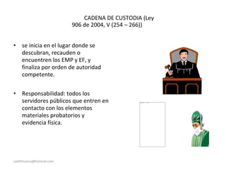 CADENA DE CUSTODIA (Ley
906 de 2004, V (254 – 266))
• se inicia en el lugar donde se
descubran, recauden o
encuentren los EMP y EF, y
finaliza por orden de autoridad
competente.
• Responsabilidad: todos los
servidores públicos que entren en
contacto con los elementos
materiales probatorios y
evidencia física.
sadithlorena@hotmail.com
 