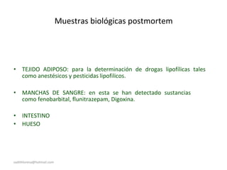 Muestras biológicas postmortem
• TEJIDO ADIPOSO: para la determinación de drogas lipofílicas tales
como anestésicos y pesticidas lipofilicos.
• MANCHAS DE SANGRE: en esta se han detectado sustancias
como fenobarbital, flunitrazepam, Digoxina.
• INTESTINO
• HUESO
sadithlorena@hotmail.com
 