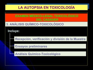 LA AUTOPSIA EN TOXICOLOGÍALA AUTOPSIA EN TOXICOLOGÍA
EXAMEN MÉDICO-LEGAL TOXICOLÓGICO
DEL CADÁVER
Incluye:
3. ANÁLISIS QUÍMICO-TOXICOLÓGICO
Ensayos preliminares
Recepción, verificación y división de la Muestra
Análisis Químico-Toxicológico
 