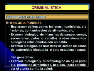 DISCIPLINAS AUXILIARES
BIOLOGÍA FORENSE
- Esclarecer delitos como: lesiones, homicidios, vio-
laciones, contaminación de alimentos, etc.
- Examen biológico de manchas de sangre, semen,
secreciones, pelos o cabellos y otros elementos
biológicos relacionados con un delito.
- Examen biológico de muestras de semen en casos
de paternidad disputada o para establecer capaci-
dad generativa.
- Examen biológico y microbiológico de agua pota-
ble, productos alimenticios, bebidas, para estable-
cer si atenta contra la salud.
CRIMINALÍSTICACRIMINALÍSTICA
 