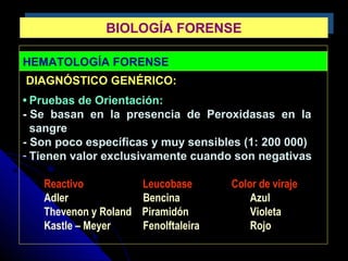 HEMATOLOGÍA FORENSE
DIAGNÓSTICO GENÉRICO:
• Pruebas de Orientación:
- Se basan en la presencia de Peroxidasas en la
sangre
- Son poco específicas y muy sensibles (1: 200 000)
- Tienen valor exclusivamente cuando son negativas
Reactivo Leucobase Color de viraje
Adler Bencina Azul
Thevenon y Roland Piramidón Violeta
Kastle – Meyer Fenolftaleira Rojo
BIOLOGÍA FORENSEBIOLOGÍA FORENSE
 