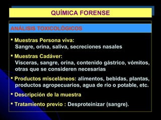ANÁLISIS TOXICOLÓGICOS
 Muestras Persona viva:
Sangre, orina, saliva, secreciones nasales
 Muestras Cadáver:
Vísceras, sangre, orina, contenido gástrico, vómitos,
otras que se consideren necesarias
 Productos misceláneos: alimentos, bebidas, plantas,
productos agropecuarios, agua de río o potable, etc.
 Descripción de la muestra
 Tratamiento previo : Desproteinizar (sangre).
QUÍMICA FORENSEQUÍMICA FORENSE
 