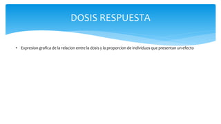 DOSIS RESPUESTA
• Expresion grafica de la relacion entre la dosis y la proporcion de individuos que presentan un efecto
