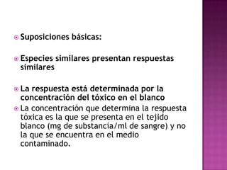  Suposiciones básicas:
 Especies similares presentan respuestas
similares
 La respuesta está determinada por la
concentración del tóxico en el blanco
 La concentración que determina la respuesta
tóxica es la que se presenta en el tejido
blanco (mg de substancia/ml de sangre) y no
la que se encuentra en el medio
contaminado.
 