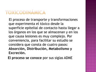 El proceso de transporte y transformaciones
que experimenta el tóxico desde la
superficie epitelial de contacto hasta llegar a
los órganos en los que se almacenan y en los
que causa lesiones es muy complejo. Por
conveniencia, para facilitar su estudio se
considera que consta de cuatro pasos:
Absorción, Distribución, Metabolismo y
Excreción.
El proceso se conoce por sus siglas ADME
 