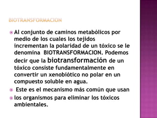  Al conjunto de caminos metabólicos por
medio de los cuales los tejidos
incrementan la polaridad de un tóxico se le
denomina BIOTRANSFORMACION. Podemos
decir que la biotransformación de un
tóxico consiste fundamentalmente en
convertir un xenobiótico no polar en un
compuesto soluble en agua.
 Este es el mecanismo más común que usan
 los organismos para eliminar los tóxicos
ambientales.
 