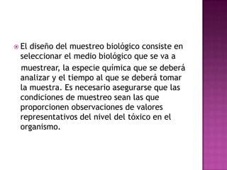  El diseño del muestreo biológico consiste en
seleccionar el medio biológico que se va a
muestrear, la especie química que se deberá
analizar y el tiempo al que se deberá tomar
la muestra. Es necesario asegurarse que las
condiciones de muestreo sean las que
proporcionen observaciones de valores
representativos del nivel del tóxico en el
organismo.
 