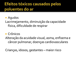 Agudos
Lacrimejamento, diminuição da capacidade
física, dificuldade de respirar


Crônicos
Alteração da acuidade visual, asma, enfisema e
câncer pulmonar, doenças cardiovasculares


Crianças, idosos, gestantes – maior risco

 