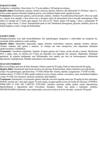 PARACETAMOL 
Analgésico e antipirético. Dose tóxica: 6 a 7,5 g em adultos e 140 mg/kg em crianças. 
Quadro clínico: Inicialmente, náuseas, vômitos, anorexia, diarréia, sudorese e dor abdominal (1ªs 24 horas). Após 2 a 
4 dias, podem aparecer alterações hepáticas graves, com síndrome hepato-renal, seguida de morte. 
Tratamento: Esvaziamento gástrico, carvão ativado, catártico. Antídoto: N-acetilcisteína (FluimucilR). Deve ser usado 
se a ingesta tiver atingido a dose tóxica e/ou a dosagem sérica de paracetamol estiver elevada (nomograma). Mais 
efetivo se iniciado até 12 horas após ingesta. Uso oral ou EV. Doses: ataque 140 mg/kg, 1 dose, e manutenção 70 
mg/kg, a cada 4 horas, 17 doses. Hemoperfusão pode ser útil. Monitorizar hemograma, glicemia, eletólitos, provas de 
função hepática e renal e Tempo de Protrombina. 
SALBUTAMOL 
Simpaticomimético com ação broncodilatadora. Em superdosagem, desaparece a seletividade em receptores B2, 
ocorrendo efeitos sistêmicos e ação cardíaca. 
Quadro clínico: Hipotensão, taquicardia, angina, arritmias ventriculares, tremores, agitação, tonturas, náuseas, 
vômitos, midríase, pele quente e sudorese. As crianças são mais susceptíveis, com importantes alterações 
cardiovasculares e metabólicas. 
Tratamento: Assistência respiratória. Ingestão: lavagem gástrica até 6 horas, carvão ativado e laxante. Monitorizar 
ECG e dados vitais, no mínimo até 6 horas da exposição e/ou regressão dos sintomas. Hipotensão: hidratação 
parenteral. Se resposta inadequada, usar B-bloqueador com cautela, por risco de broncoespasmo. Monitorizar 
hipocalemia e hiperglicemia. Medidas sintomáticas e de manutenção. 
SULFATO FERROSO 
Risco toxicológico pelo teor de ferro elementar. Efeitos a partir de 20 mg/kg. Pode ser letal acima de 60 mg/kg. 
Quadro clínico: Inicialmente ação local corrosiva em mucosas. Posteriormente, efeitos sistêmicos com ação tóxica 
celular. Na superdosagem, apresenta fases. 1ª FASE (30min-6h): vômitos, diarréia e sangramento. 2ª FASE (6-24h): 
melhora clínica. 3ª FASE (12-48h): quadro sistêmico severo, choque, acidose, convulsões, coma, insuficiência hepática 
e renal. 4ª FASE (2-8 semanas): estenoses cicatriciais, dano hepático. 
Tratamento: Inicialmente: esvaziamento gástrico indicado com dose ingerida maior que 20 mg/kg de ferro elementar. 
EMESE somente até 1 hora após ingesta. Se mais tempo, lavagem gástrica (risco de erosão de mucosas). CONTRA-INDICADO 
O USO DO CARVÃO ATIVADO. Soluções contendo sulfato podem causar hiponatremia, 
hiperfosfatemia e hipocalemia letal. Convulsões: diazepam. Manter vias aéreas e respiração. Antídoto: 
DEFEROXAMINA (Desferal): casos selecionados, com níveis séricos de Ferro elevados , acima de 350 mg/ml. 
 