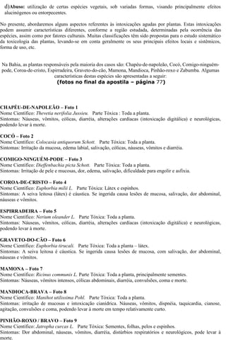 d)Abuso: utilização de certas espécies vegetais, sob variadas formas, visando principalmente efeitos 
alucinógenos ou entorpecentes. 
No presente, abordaremos alguns aspectos referentes às intoxicações agudas por plantas. Estas intoxicações 
podem assumir características diferentes, conforme a região estudada, determinadas pela ocorrência das 
espécies, assim como por fatores culturais. Muitas classificações têm sido propostas para o estudo sistemático 
da toxicologia das plantas, levando-se em conta geralmente os seus principais efeitos locais e sistêmicos, 
forma de uso, etc. 
Na Bahia, as plantas responsáveis pela maioria dos casos são: Chapéu-de-napoleão, Cocó, Comigo-ninguém-pode, 
Coroa-de-cristo, Espirradeira, Graveto-do-cão, Mamona, Mandioca, Pinhão-roxo e Zabumba. Algumas 
características destas espécies são apresentadas a seguir: 
(fotos no final da apostila – página 77) 
CHAPÉU-DE-NAPOLEÃO – Foto 1 
Nome Científico: Thevetia nerifolia Jussieu. Parte Tóxica : Toda a planta. 
Sintomas: Náuseas, vômitos, cólicas, diarréia, alterações cardíacas (intoxicação digitálica) e neurológicas, 
podendo levar à morte. 
COCÓ – Foto 2 
Nome Científico: Colocasia antiquorum Schott. Parte Tóxica: Toda a planta. 
Sintomas: Irritação da mucosa, edema labial, salivação, cólicas, náuseas, vômitos e diarréia. 
COMIGO-NINGUÉM-PODE – Foto 3 
Nome Científico: Dieffenbachia picta Schott. Parte Tóxica: Toda a planta. 
Sintomas: Irritação de pele e mucosas, dor, edema, salivação, dificuldade para engolir e asfixia. 
COROA-DE-CRISTO – Foto 4 
Nome Científico: Euphorbia milii L. Parte Tóxica: Látex e espinhos. 
Sintomas: A seiva leitosa (látex) é cáustica. Se ingerida causa lesões de mucosa, salivação, dor abdominal, 
náuseas e vômitos. 
ESPIRRADEIRA – Foto 5 
Nome Científico: Nerium oleander L. Parte Tóxica: Toda a planta. 
Sintomas: Náuseas, vômitos, cólicas, diarréia, alterações cardíacas (intoxicação digitálica) e neurológicas, 
podendo levar à morte. 
GRAVETO-DO-CÃO – Foto 6 
Nome Científico: Euphorbia tirucali. Parte Tóxica: Toda a planta – látex. 
Sintomas: A seiva leitosa é cáustica. Se ingerida causa lesões de mucosa, com salivação, dor abdominal, 
náuseas e vômitos. 
MAMONA – Foto 7 
Nome Científico: Ricinus communis L. Parte Tóxica: Toda a planta, principalmente sementes. 
Sintomas: Náuseas, vômitos intensos, cólicas abdominais, diarréia, convulsões, coma e morte. 
MANDIOCA-BRAVA – Foto 8 
Nome Científico: Manihot utilissima Pohl. Parte Tóxica: Toda a planta. 
Sintomas: irritação de mucosas e intoxicação cianídrica. Náuseas, vômitos, dispnéia, taquicardia, cianose, 
agitação, convulsões e coma, podendo levar à morte em tempo relativamente curto. 
PINHÃO-ROXO / BRAVO – Foto 9 
Nome Científico: Jatropha curcas L. Parte Tóxica: Sementes, folhas, pelos e espinhos. 
Sintomas: Dor abdominal, náuseas, vômitos, diarréia, distúrbios respiratórios e neurológicos, pode levar à 
morte. 
 