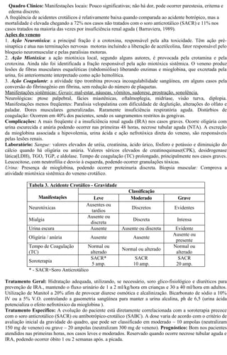 Quadro Clínico: Manifestações locais: Pouco significativas; não há dor, pode ocorrer parestesia, eritema e 
edema discreto. 
A freqüência de acidentes crotálicos é relativamente baixa quando comparada ao acidente botrópico, mas a 
mortalidade é elevada chegando a 72% nos casos não tratados com o soro anticrotálico (SACR) e 11% nos 
casos tratados na maioria das vezes por insuficiência renal aguda ( Barraviera, 1989). 
Ações do veneno 
1. Ação Neurotóxica: a principal fração é a crotoxina, responsável pela alta toxicidade. Têm ação pré-sinaptica 
e atua nas terminações nervosas motoras incluindo a liberação de acetilcolina, fator responsável pelo 
bloqueio neuromuscular e pelas paralisias motoras. 
2. Ação Miotóxica: a ação miotóxica local, segundo alguns autores, é provocada pela crotamina e pela 
crotoxina. Ainda não foi identificada a fração responsável pela ação miotóxica sistêmica. O veneno produz 
lesões de fibras musculares esqueléticas (rabdomiólise) liberando enzimas e mioglobina, que excretada pela 
urina, foi anteriormente interpretado como ação hemolítica. 
3. Ação Coagulante: a atividade tipo trombina provoca incoagulabilidade sangüínea, em alguns casos pela 
conversão do fibrinogênio em fibrina, sem redução do número de plaquetas. 
Manifestações sistêmicas: Gerais : mal-estar, náuseas, vômitos, sudorese, prostração, sonolência . 
Neurológicas: ptose palpebral, fácies miastênicas, oftalmoplegia, midríase, visão turva, diplopia. 
Manifestações menos freqüentes: Paralisia velopalatina com dificuldade de deglutição, alterações do olfato e 
paladar. Dores musculares generalizadas. Raramente insuficiência respiratória aguda. Distúrbios de 
coagulação: Ocorrem em 40% dos pacientes, sendo os sangramentos restritos às gengivas. 
Complicações: A mais freqüente é a insuficiência renal aguda (IRA) nos casos graves. Ocorre oligúria com 
urina escurecida e anúria podendo ocorrer nas primeiras 48 horas, necrose tubular aguda (NTA). A excreção 
da mioglobina associada a hipovolemia, urina ácida e ação nefrotóxica direta do veneno, são responsáveis 
pelas lesões renais. 
Laboratório: Sangue: valores elevados de uréia, creatinina, ácido úrico, fósforo e potássio e diminuição do 
cálcio quando há oligúria ou anúria. Valores séricos elevados de creatinoquinase(CPK), desidrogenase 
lática(LDH), TGO, TGP, e aldolase. Tempo de coagulação (TC) prolongado, principalmente nos casos graves. 
Leucocitose, com neutrofilia e desvio à esquerda, podendo ocorrer granulações tóxicas. 
Urina: Presença de mioglobina, podendo ocorrer proteinuria discreta. Biopsia muscular: Comprova a 
atividade miotóxica sistêmica do veneno crotálico. 
Tabela 3. Acidente Crotálico - Gravidade 
Manifestações 
Classificação 
Leve Moderado Grave 
Neurotóxicas Ausentes ou 
tardios Discretos Evidentes 
Mialgia Ausente ou 
discreta Discreta Intensa 
Urina escura Ausente Ausente ou discreta Evidente 
Oligúria / anúria Ausente Ausente Ausente ou 
presente 
Tempo de Coagulação 
(TC) 
Normal ou 
alterado Normal ou alterado Normal ou 
alterado 
Soroterapia SACR* 
5 amp. 
SACR 
10 amp. 
SACR 
20 amp. 
* - SACR=Soro Anticrotálico 
Tratamento Geral: Hidratação adequada, utilizando, se necessário, soro glico-fisiológico e diuréticos para 
prevenção de IRA., mantendo o fluxo urinário de 1 a 2 ml/kg/hora em crianças e 30 a 40 ml/hora em adultos. 
Utilização de Manitol a 20% afim de provocar diurese osmótica e alcalinização. Bicarbonato de sódio a 10% 
IV ou a 5% V.O. controlando a gasometria sangüínea para manter a urina alcalina, ph de 6,5 (urina ácida 
potencializa o efeito nefrotóxico da mioglobina ). 
Tratamento Específico: A evolução do paciente está diretamente correlacionada com a soroterapia precoce 
com o soro anticrotálico (SACR) ou antibotrópico-crotálico (SABC). A dose varia de acordo com o critério de 
avaliação inicial da gravidade do quadro, que pode ser classificado em moderado – 10 ampolas (neutralizam 
150 mg de veneno) ou grave – 20 ampolas (neutralizam 300 mg de veneno). Prognóstico: Bom nos pacientes 
atendidos nas primeiras horas, nos casos leves e moderados. Reservado quando ocorre necrose tubular aguda e 
IRA, podendo ocorrer óbito 1 ou 2 semanas após. a picada. 
 