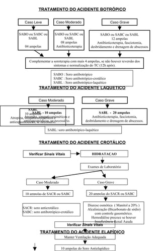 TRATAMENTO DO ACIDENTE BOTRÓPICO 
Caso Leve Caso Moderado Caso Grave 
SABO ou SABC ou 
SABL 
04 ampolas 
SABO ou SABC ou 
SABL 
08 ampolas 
Antibioticoterapia 
SABO ou SABC ou SABL 
12 ampolas 
Antibioticoterapia, fasciotomia, 
desbridamento e drenagem de abscessos 
Complementar a soroterapia com mais 4 ampolas, se não houver reversão dos 
sintomas e normalização do TC (12h após). 
SABO : Soro antibotrópico 
SABC : Soro antibotrópico-crotálico 
SABL : Soro antibotrópico-laquético 
TRATAMENTO DO ACIDENTE LAQUÉTICO 
Caso Moderado Caso Grave 
SABL 
10 ampolas 
SABL - 10 ampolas 
Atropina, simpaticomiméticos e 
antiespasmódicos, se necessário. 
Atropina, simpaticomiméticos e 
antiespasmódicos, se necessário. 
SABL - 20 ampolas 
Antibioticoterapia, fasciotomia, 
desbridamento e drenagem de abscessos. 
SABL: soro antibotrópico-laquético 
TRATAMENTO DO ACIDENTE CROTÁLICO 
Verificar Sinais Vitais 
Caso Moderado 
10 ampolas de SACR ou SABC 
HIDRATAÇAO 
Exames de Laboratório 
Caso Grave 
20 ampolas do SACR ou SABC 
Diurese osmótica ( Manitol a 20% ) 
Alcalinização (Bicarbonato de sódio) 
com controle gasométrico. 
Hemodiálise precoce se houver 
Insuficiência Renal Aguda 
SACR: soro anticrotálico 
SABC: soro antibotrópico-crotálico 
Verificar Sinais Vitais 
TRATAMENTO DO ACIDENTE ELAPÍDICO 
Manter Ventilação Adequada 
10 ampolas do Soro Antielapídico 
 