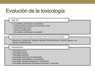 Evolución de la toxicología
Siglo XIX
• Los científicos comienzan a preguntarse:
• ¿Cómo penetran los tóxicos en los seres vivos?
• ¿A través de qué vías?
• ¿Cómo se distribuyen?
• ¿Es posible contrarrestar sus efectos?
Posteriormente la toxicología comienza a hacer uso de otras ciencias:
• Bioquímica comparativa, biología molecular, farmacodinámica, química orgánica, etc.
• Ciencia multidisciplinaria
Especialización

•
•
•
•
•
•
•

Toxicología clínica
Toxicología forense
Toxicología industrial
Toxicología ambiental y ecotoxicología
Toxicología bromatológica y farmacéutica
Toxicología reguladora (legislación toxicológica)
Toxicología mecanicista (toxicología bioquímica y molecular)

 