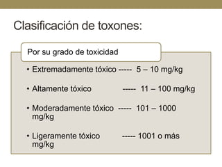Clasificación de toxones:
Por su grado de toxicidad
• Extremadamente tóxico ----- 5 – 10 mg/kg
• Altamente tóxico

----- 11 – 100 mg/kg

• Moderadamente tóxico ----- 101 – 1000
mg/kg
• Ligeramente tóxico
mg/kg

----- 1001 o más

 