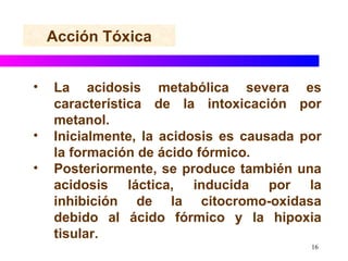 La acidosis metabólica severa es característica de la intoxicación por metanol. Inicialmente, la acidosis es causada por la formación de ácido fórmico. Posteriormente, se produce también una acidosis láctica, inducida por la inhibición de la citocromo-oxidasa debido al ácido fórmico y la hipoxia tisular. Acción Tóxica 
