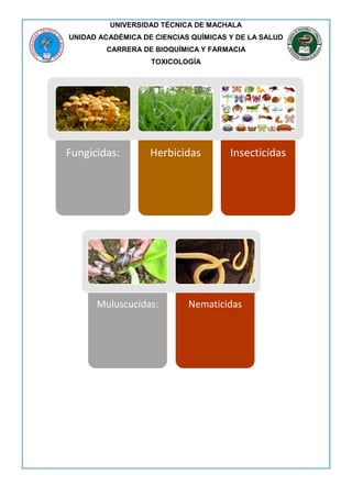 UNIVERSIDAD TÉCNICA DE MACHALA
UNIDAD ACADÉMICA DE CIENCIAS QUÍMICAS Y DE LA SALUD
CARRERA DE BIOQUÍMICA Y FARMACIA
TOXICOLOGÍA
Fungicidas: Herbicidas Insecticidas
Muluscucidas: Nematicidas
 