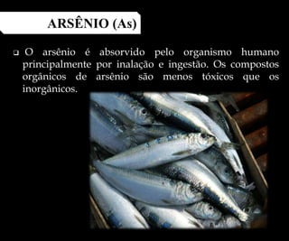  O arsênio é absorvido pelo organismo humano
principalmente por inalação e ingestão. Os compostos
orgânicos de arsênio são menos tóxicos que os
inorgânicos.
ARSÊNIO (As)
 