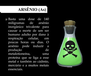  Basta uma dose de 140
miligramas de arsênio
inorgânico trivalente para
causar a morte de um ser
humano adulto por dano à
respiração celular, em
poucas horas ou dias. O
arsênio pode induzir a
produção de
metalotioneína, uma
proteína que se liga a esse
metal e também ao cádmio,
mercúrio e a muitos metais
essenciais.
ARSÊNIO (As)
 