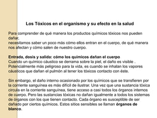 Los Tóxicos en el organismo y su efecto en la salud
Para comprender de qué manera los productos químicos tóxicos nos pueden
dañar,
necesitamos saber un poco más cómo ellos entran en el cuerpo, de qué manera
nos afectan y cómo salen de nuestro cuerpo.
Entrada, dosis y salida: cómo los químicos dañan el cuerpo
Cuando un químico cáustico se derrama sobre la piel, el daño es visible .
Potencialmente más peligroso para la vida, es cuando se inhalan los vapores
cáusticos que dañan el pulmón al tener los tóxicos contacto con éste.
Sin embargo, el daño interno ocasionado por los químicos que se transfieren por
la corriente sanguínea es más difícil de ilustrar. Una vez que una sustancia tóxica
circula en la corriente sanguínea, tiene acceso a casi todos los órganos internos
de cuerpo. Pero las sustancias tóxicas no dañan igualmente a todos los sistemas
de órganos con los que tienen contacto. Cada órgano es susceptible de ser
dañado por ciertos químicos. Estos sitios sensibles se llaman órganos de
blanco.
 
