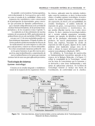 DESARROLLO Y EVOLUCIÓN HISTÓRICA DE LA TOXICOLOGÍA 17
En paralelo con la moderna Farmacogenética,
está evolucionando la Toxicogenética, que se defi-
ne como el estudio de la variabilidad clínica en la
respuesta a los xenobióticos, como consecuencia
de la participación de determinados genes concre-
tos que presentan los llamados polimorfismos, y
que a menudo refleja diferencias en la actividad de
enzimas biotransformadoras, de las proteínas trans-
portadoras y de los receptores (véase Capítulo 7).
La explosión en el descubrimiento de muchas
variantes de secuencias de ADN, particularmente de
polimorfismos de un solo nucleótido (SNPs), predi-
cen que casi1,5 de estos nucleótidos pueden ser
funcionalmente importantes. El tipado dealelos de
forma predictiva podría incrementar la eficacia de
los medicamentos así como mejorar su selección
para cada paciente y reducir sus efectos indeseables.
Ya se han caracterizado numerosos polimorfis- mos
en los genes humanos, lo que abre nuevas pers-
pectivas, pues la identificación ycaracterización de
nuevos polimorfismos en los genes que expresan
enzimas han de tener una gran aplicaciónpreventiva.
Toxicología de sistemas
(systems toxicology)
Consiste en un estudio integrado o multidimen-
sional de la respuesta de los organismos frente a
los tóxicos, aplicando tanto los métodos tradicio-
nales como los modernos, es decir, la observación
clínica, el análisis químico toxicológico, la toxico-
cinética, los análisis bioquímicos y biomarcadores
(de exposición, de efecto y de susceptibilidad), los
estudios histológicos, el análisis molecular de
expresión de genes, toxicogenómica (transcriptó-
mica), toxicoproteómica y metabonómica, etc.
que puedan dilucidar nuevas vías y redes meca-
nísticas. Es decir, mientras la toxicología tradicio-
nal y reciente utilizaba argumentos racionales,
tratando, por ejemplo, de identificar el gen impli-
cado en las patologías relacionadas con cierto
producto, los nuevos planteamientos operan de
forma más empírica, buscando los niveles de
expresión de miles de genes, algunos de los cuales
pudieran estar implicados aunque otros no lo
estén y obtener la mayor información posible de
carácter toxicodinámico (Boelsterli, 2007).
En definitiva, la Toxicología de nuestros días
es fundamentalmente mecanística apoyada en los
avances de la Biología Molecular, y la Figura 1.5
refleja la complejidad de la Toxicología actual,
con las áreas de conocimiento que la sustentan, y
su derivación a unas áreas fundamentales y unas
ramas de aplicaciones prácticas. En la Rama de
Toxicología General se incluye una faceta de
Coordinación, de conformidad con la clasifica-
Figura 1.5. Ciencias básicas, áreas fundamentales y ramas aplicadas de la Toxicologíaactual.
Relación de Áreas y Subáreas.
LABORAL
TOXICOLOGÍA
ÓRGANO-ESPECÍFICA
NUTRICIONAL
FARMACÉUTICA
RAMAS
AMBIENTAL  ECOTOXICOLOGÍA
DOCENCIA
INVESTIGACIÓN
COORDINACIÓN (*)
CLÍNICA:
HUMANA
ANIMAL
VEGETAL
EXPERIMENTALANALÍTICA
FUNDAMENTALES
wÁREAS
GENERAL
FARMACOLOGÍA
PATOLOGÍA
MEDICINA LEGAL
BÁSICAS w BIOLOGÍA
CIENCIAS QUÍMICA
T OXICOLOGÍA
 