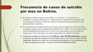 Frecuencia de casos de suicidio
por mes en Bolivia.
 En algunos casos la dosis es muy baja o no es toxica, y se trata de una
simulación, lo que se denomina un “Gesto suicida”, para llamar la atención ante
una situación conflictiva. Puede ser algunos comprimidos de paracetamol o de
acido salicílico. (aspirina).
 El mecanismo de autoeliminación que ocupó el primer lugar fue el ahorcamiento,
el segundo lugar ocupó la ingestión de raticidas con el 30%, en tercer lugar está el
uso de substancias químicas con el 12% y en cuarto lugar el uso de armas de
fuego con el 12%. (En base a los casos registrados en medicina forense.)
 La tasa de suicidios en Bolivia es de 18,49 por cada 100.000 habitantes, muy por
encima de la media de suicidios a nivel mundial, que es de 9,55 por cada 100.000
habitantes. Bolivia es un país con una alta tasa de suicidios, si lo comparamos con
el resto de países del mundo. Fuente: Portal: DATOSMACRO.COM
 