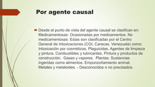 Por agente causal
 Desde el punto de vista del agente causal se clasifican en:
Medicamentosas: Ocasionadas por medicamentos. No
medicamentosas: Estas son clasificadas por el Centro
General de Intoxicaciones (CGI, Caracas, Venezuela) como:
Intoxicación por cosméticos. Plaguicidas. Agentes de limpieza
y pintura. Combustibles y lubricantes. Pintura y productos de
construcción. Gases y vapores. Plantas. Sustancias
ingeridas como alimentos. Emponzoñamiento animal.
Metales y metaloides. - Desconocidos o no precisados.
 