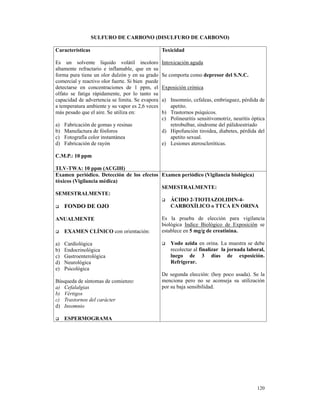 SULFURO DE CARBONO (DISULFURO DE CARBONO)

Características                                   Toxicidad

Es un solvente líquido volátil incoloro           Intoxicación aguda
altamente refractario e inflamable, que en su
forma pura tiene un olor dulzón y en su grado     Se comporta como depresor del S.N.C.
comercial y reactivo olor fuerte. Si bien puede
detectarse en concentraciones de 1 ppm, el        Exposición crónica
olfato se fatiga rápidamente, por lo tanto su
capacidad de advertencia se limita. Se evapora    a) Insomnio, cefaleas, embriaguez, pérdida de
a temperatura ambiente y su vapor es 2,6 veces       apetito.
más pesado que el aire. Se utiliza en:            b) Trastornos psíquicos.
                                                  c) Polineuritis sensitivomotriz, neuritis óptica
a)   Fabricación de gomas y resinas                  retrobulbar, síndrome del pálidoestriado
b)   Manufactura de fósforos                      d) Hipofunción tiroidea, diabetes, pérdida del
c)   Fotografía color instantánea                    apetito sexual.
d)   Fabricación de rayón                         e) Lesiones ateroscleróticas.

C.M.P.: 10 ppm

TLV-TWA: 10 ppm (ACGIH)
Examen periódico. Detección de los efectos Examen periódico (Vigilancia biológica)
tóxicos (Vigilancia médica)
                                           SEMESTRALMENTE:
SEMESTRALMENTE:
                                              ÁCIDO 2-TIOTIAZOLIDIN-4-
    FONDO DE OJO                              CARBOXÍLICO o TTCA EN ORINA

ANUALMENTE                                        Es la prueba de elección para vigilancia
                                                  biológica Indice Biológico de Exposición se
     EXAMEN CLÍNICO con orientación:              establece en 5 mg/g de creatinina.

a)   Cardiológica                                     Yodo azida en orina. La muestra se debe
b)   Endocrinológica                                  recolectar al finalizar la jornada laboral,
c)   Gastroenterológica                               luego de 3 días de exposición.
d)   Neurológica                                      Refrigerar.
e)   Psicológica
                                                  De segunda elección: (hoy poco usada). Se la
Búsqueda de síntomas de comienzo:                 menciona pero no se aconseja su utilización
a) Cefalalgias                                    por su baja sensibilidad.
b) Vértigos
c) Trastornos del carácter
d) Insomnio

     ESPERMOGRAMA




                                                                                              120
 