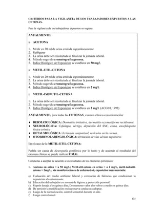 CRITERIOS PARA LA VIGILANCIA DE LOS TRABAJADORES EXPUESTOS A LAS
CETONAS.

Para la vigilancia de los trabajadores expuestos se sugiere.

ANUALMENTE:

     ACETONA

1.   Medir en 20 ml de orina emitida espontáneamente.
2.   Refrigerar
3.   La orina debe ser recolectada al finalizar la jornada laboral.
4.   Método sugerido cromatografía gaseosa.
5.   Indice Biológico de Exposición se establece en 50 mg/l.

     METIL-ETIL-CETONA

1.   Medir en 20 ml de orina emitida espontáneamente.
2.   La orina debe ser recolectada al finalizar la jornada laboral.
3.   Método sugerido cromatografía gaseosa.
4.   Indice Biológico de Exposición se establece en 2 mg/l.

     METIL-ISOBUTIL-CETONA

1. La orina debe ser recolectada al finalizar la jornada laboral.
2. Método sugerido cromatografía gaseosa.
3. Indice Biológico de Exposición se establece en 2 mg/l. (ACGIH, 1993)

ANUALMENTE, para todas las CETONAS, examen clínico con orientación:

♦ DERMATOLÓGICA: Dermatitis irritativa, dermatitis eczematiforme recidivante.
♦ NEUROLÓGICA: Cefalagia, vértigo, depresión del SNC, coma, encefalopatía
  tóxica crónica
♦ OFTALMOLÓGICA: Irritación conjuntival, vesículas en la cornea,
♦ OTORRINOLARINGOLÓGICA: Irritación de vías aéreas superiores

En el caso de la METIL-ETIL-CETONA:

Podría ser causa de Neuropatía periférica por lo tanto y de acuerdo al resultado del
examen clínico se puede realizar E.M.G.

Conductas a adoptar de acuerdo a los resultados de los exámenes periódicos:

1. Acetona en orina > a 50 mg/l.; Metil-etil-cetona en orina > a 2 mg/l., metil-isobutil-
   cetona > 2mg/l., sin manifestaciones de enfermedad, exposición incrementada:

a) Evaluación del medio ambiente laboral y corrección de falencias que condicionan la
   exposición al contaminante.
b) Educación del trabajador en normas de higiene y protección personal.
c) Repetir dosaje a los quince días; De mantener valor alto volver a medir en quince días.
d) De persistir la modificación evaluar nueva conducta a adoptar.
e) Luego de la normalización, control semestral durante un año.
f) Luego control anual.
                                                                                      135
 
