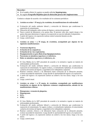 Recordar:
♦ Si el cuadro clínico lo sugiere se puede solicitar hepatograma.
♦ Se sugiere Ecografía Hepática para la detección precoz del Angiosarcoma

Conducta a adoptar de acuerdo a los resultados de los exámenes periódicos:

1. Arsénico en orina > 35 mcg./g. de creatinina, sin manifestaciones de enfermedad:

a) Evaluación del medio ambiente laboral y corrección de falencias que condicionan la
   exposición al contaminante.
b) Educación del trabajador sobre normas de higiene y protección personal.
c) Nuevo control de laboratorio a los quince días. Si persiste valor alto, repetir dosaje a los
   quince días para determinar el regreso a la exposición en caso de indicado el alejamiento.
d) A partir del regreso a la exposición realizar control semestral durante un año.
e) Luego, control anual.

2. Arsénico en orina > a 35 mcg/g. de creatinina, acompañado por algunas de las
   siguientes manifestaciones:

•   Trastornos digestivos.
•   Irritación de las conjuntivas.
•   Irritación de las vías respiratorias.
•   Despigmentación en gota (Rain-drop hipopigmentation).
•   Parestesias en miembros superiores y/o inferiores.
•   Dolor en miembros superiores y/o inferiores, etc.

a) El Área Médica de la ART procederá de acuerdo a la normativa vigente en materia de
   enfermedades profesionales.
b) Evaluación del medio ambiente laboral y corrección de falencias que condicionan la
   exposición al contaminante. Se sugiere evaluar, y eventualmente replantear, el conocimiento
   y práctica de normas de higiene y seguridad en los trabajadores expuestos.
c) Realizar controles clínicos y de laboratorio hasta corrección de la alteración presente,
   evaluar necesidad de tratamiento. Luego decidir la oportunidad del regreso a la exposición.
d) A partir del regreso a la exposición realizar un control a los tres meses, luego a los seis
   meses.
e) Luego, control anual.

3. Arsénico en orina > a 35 mcg/g. de creatinina, acompañado por modificaciones
   transitorias en algunos de los siguientes exámenes complementarios, además de las
   manifestaciones clínicas:

•   Hemograma y recuento de plaquetas,
•   Hepatograma.
•   ECG.
•   EMG.

a) El Área Médica de la ART procederá de acuerdo a la normativa vigente en materia de
   enfermedades profesionales.
b) Evaluación del medio ambiente laboral y corrección de falencias que condicionan la
   exposición al contaminante. Se sugiere evaluar, y eventualmente replantear, el conocimiento
   y práctica de normas de higiene y seguridad en los trabajadores expuestos.
c) Realizar controles clínicos y de laboratorio hasta corrección de la alteración presente,
   evaluar necesidad de tratamiento. Luego decidir la oportunidad del regreso a la exposición.
d) A partir del regreso a la exposición realizar un control a los tres meses, luego a los seis
   meses.
e) Luego, control anual.
                                                                                            15
 