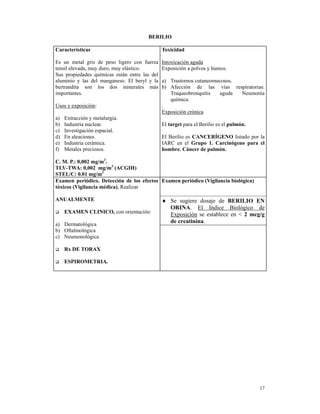 BERILIO

Características                                Toxicidad

Es un metal gris de peso ligero con fuerza     Intoxicación aguda
tensil elevada, muy duro, muy elástico.        Exposición a polvos y humos.
Sus propiedades químicas están entre las del
aluminio y las del manganeso. El beryl y la    a) Trastornos cutaneomucosos.
bertrandita son los dos minerales más          b) Afección de las vías respiratorias:
importantes.                                      Traqueobronquitis   aguda  Neumonía
                                                  química.
Usos y exposición:                             .
                                               Exposición crónica
a)   Extracción y metalurgia.
b)   Industria nuclear.                        El target para el Berilio es el pulmón.
c)   Investigación espacial.
d)   En aleaciones.                            El Berilio es CANCERÍGENO listado por la
e)   Industria cerámica.                       IARC en el Grupo 1. Carcinógeno para el
f)   Metales preciosos.                        hombre. Cáncer de pulmón.

C. M. P.: 0,002 mg/m3.
TLV-TWA: 0,002 mg/m3 (ACGIH)
STEL/C: 0.01 mg/m3
Examen periódico. Detección de los efectos Examen periódico (Vigilancia biológica)
tóxicos (Vigilancia médica). Realizar

ANUALMENTE                                     ♦ Se sugiere dosaje de BERILIO EN
                                                 ORINA. El Indice Biológico de
     EXAMEN CLINICO, con orientación:            Exposición se establece en < 2 mcg/g
a) Dermatológica
                                                 de creatinina.
b) Oftalmológica
c) Neumonológica

     Rx DE TORAX

     ESPIROMETRIA.




                                                                                         17
 