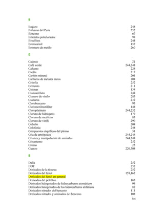 B

Bagazo                                                     248
Bálsamo del Perú                                           252
Benceno                                                     67
Bifenilos policlorados                                      98
Bisulfitos                                                 244
Bromoxinil                                                 157
Bromuro de metilo                                          260

C

Cadmio                                                       21
Café verde                                              244,248
Cáñamo                                                      224
Caolín                                                      217
Carbón mineral                                              201
Carburos de metales duros                                   204
Cebolla                                                     252
Cemento                                                     211
Cetonas                                                     134
Cianoacrilato                                               244
Cianuro de vinilo                                           283
Cianuros                                                    232
Clorobenceno                                                 95
Clorometilmetiléter                                         144
Cloroplatinato                                          244,252
Cloruro de hidrógeno                                        179
Cloruro de metileno                                          83
Cloruro de vinilo                                           290
Cobalto                                                     204
Colofonia                                                   244
Compuestos alquílicos del plomo                              51
Cria de artrópodos                                      244,248
Crianza y manipulación de animales                      244,248
Crisantemo                                                  252
Cromo                                                        25
Cuarzo                                                  220,304

D

Dalia                                                       252
DDT                                                         252
Derivados de la tiourea                                     252
Derivados del fenol                                     159,162
Derivados del fenol en general
Derivados del petróleo                                     168
Derivados halogenados de hidrocarburos aromáticos           94
Derivados halogenados de los hidrocarburos alifáticos       82
Derivados nitrados del benceno                             111
Derivados nitrados y aminados del benceno                  108
                                                            316
 