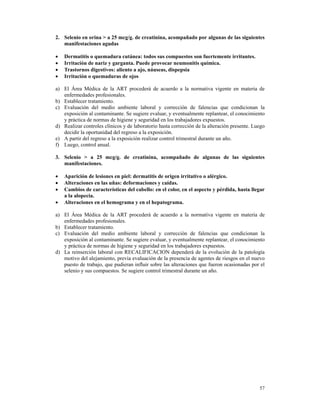 2. Selenio en orina > a 25 mcg/g. de creatinina, acompañado por algunas de las siguientes
   manifestaciones agudas

•   Dermatitis o quemadura cutánea: todos sus compuestos son fuertemente irritantes.
•   Irritación de nariz y garganta. Puede provocar neumonitis química.
•   Trastornos digestivos: aliento a ajo, náuseas, dispepsia
•   Irritación o quemaduras de ojos

a) El Área Médica de la ART procederá de acuerdo a la normativa vigente en materia de
   enfermedades profesionales.
b) Establecer tratamiento.
c) Evaluación del medio ambiente laboral y corrección de falencias que condicionan la
   exposición al contaminante. Se sugiere evaluar, y eventualmente replantear, el conocimiento
   y práctica de normas de higiene y seguridad en los trabajadores expuestos.
d) Realizar controles clínicos y de laboratorio hasta corrección de la alteración presente. Luego
   decidir la oportunidad del regreso a la exposición.
e) A partir del regreso a la exposición realizar control trimestral durante un año.
f) Luego, control anual.

3. Selenio > a 25 mcg/g. de creatinina, acompañado de algunas de las siguientes
   manifestaciones.

•   Aparición de lesiones en piel: dermatitis de origen irritativo o alérgico.
•   Alteraciones en las uñas: deformaciones y caídas.
•   Cambios de características del cabello: en el color, en el aspecto y pérdida, hasta llegar
    a la alopecia.
•   Alteraciones en el hemograma y en el hepatograma.

a) El Área Médica de la ART procederá de acuerdo a la normativa vigente en materia de
   enfermedades profesionales.
b) Establecer tratamiento.
c) Evaluación del medio ambiente laboral y corrección de falencias que condicionan la
   exposición al contaminante. Se sugiere evaluar, y eventualmente replantear, el conocimiento
   y práctica de normas de higiene y seguridad en los trabajadores expuestos.
d) La reinserción laboral con RECALIFICACION dependerá de la evolución de la patología
   motivo del alejamiento, previa evaluación de la presencia de agentes de riesgos en el nuevo
   puesto de trabajo, que pudieran influir sobre las alteraciones que fueron ocasionadas por el
   selenio y sus compuestos. Se sugiere control trimestral durante un año.




                                                                                              57
 