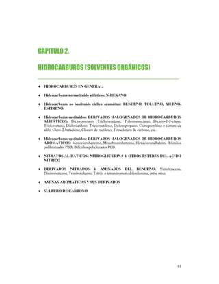CAPITULO 2.

HIDROCARBUROS (SOLVENTES ORGÁNICOS)
______________________________________
♦ HIDROCARBUROS EN GENERAL.

♦ Hidrocarburos no sustituido alifáticos: N-HEXANO

♦ Hidrocarburos no sustituido cíclico aromático: BENCENO, TOLUENO, XILENO,
  ESTIRENO.

♦ Hidrocarburos sustituidos: DERIVADOS HALOGENADOS DE HIDROCARBUROS
  ALIFÁTICOS: Diclorometano, Triclorometano, Tribromometano, Dicloro-1-2-etano,
  Tricloroetano, Dicloroetileno, Tricloroetileno, Dicloropropano, Cloropropileno o cloruro de
  alilo, Cloro-2-butadieno, Cloruro de metileno, Tetracloruro de carbono, etc.

♦ Hidrocarburos sustituidos: DERIVADOS HALOGENADOS DE HIDROCARBUROS
  AROMÁTICOS: Monoclorobenceno, Monobromobenceno, Hexacloronaftaleno, Bifenilos
  polibromados PBB, Bifenilos policlorados PCB.

♦ NITRATOS ALIFATICOS: NITROGLICERINA Y OTROS ESTERES DEL ACIDO
  NITRICO

♦ DERIVADOS NITRADOS Y AMINADOS DEL BENCENO: Nitrobenceno,
  Dinitrobenceno, Trinitrotolueno, Tetrilo o tetranitromonodifenilamina, entre otros.

♦ AMINAS AROMATICAS Y SUS DERIVADOS

♦ SULFURO DE CARBONO




                                                                                          61
 