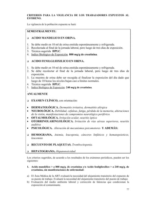 CRITERIOS PARA LA VIGILANCIA DE LOS TRABAJADORES EXPUESTOS AL
ESTIRENO.

La vigilancia de la población expuesta se hará:

SEMESTRALMENTE:

     ACIDO MANDELICO EN ORINA.

1.   Se debe medir en 10 ml de orina emitida espontáneamente y refrigerada.
2.   Recolectada al final de la jornada laboral, pero luego de tres días de exposición.
3.   Técnica sugerida HPLC.
4.   Indice Biológico de Exposición. 800 mg/g de creatinina.

     ACIDO FENILGLIOXILICO EN ORINA.

1. Se debe medir en 10 ml de orina emitida espontáneamente y refrigerada.
2. Se debe recolectar al final de la jornada laboral, pero luego de tres días de
   exposición.
3. La muestra de orina debe ser recogida al finalizar la exposición del día dado que
   luego de 18 horas los niveles bajan casi a límites normales.
4. Técnica sugerida HPLC.
5. Indice Biológico de Exposición: 240 mg/g de creatinina.
.
ANUALMENTE

     EXAMEN CLÍNICO, con orientación:

•    DERMATOLÓGICA. Dermatitis irritativa, dermatittis alérgica
•    NEUROLÓGICA. Debilidad, cefaleas, fatiga, pérdida de la memoria, alteraciones
     de la visión, manifestaciones de compromiso neurológico periférico.
•    OFTALMOLÓGICA. Irritación ocular, neuritis óptica
•    OTORRINOLARINGOLÓGICA. Irritación de vías aéreas superiores, neuritis
     auditiva
•    PSICOLÓGICA. Alteración de mecanismos psicomotores Y ADEMÁS:

     HEMOGRAMA, Anemia, leucopenia, cánceres linfáticos y hematopoieticos,
     leucemias

     RECUENTO DE PLAQUETAS. Trombocitopenia.

     HEPATOGRAMA. Hepatotoxicidad.

Los criterios sugeridos, de acuerdo a los resultados de los exámenes periódicos, pueden ser los
siguientes:

1. Acido mandélico > a 800 mg/g. de creatinina y/o Acido fenilglioxílico > a 240 mg/g. de
   creatinina, sin manifestaciones de enfermedad:

a) El Área Médica de la ART evaluará la necesidad del alejamiento transitorio del expuesto de
   su puesto de trabajo. Evaluará la necesidad del alejamiento transitorio del puesto de trabajo.
b) Evaluación del medio ambiente laboral y corrección de falencias que condicionan la
   exposición al contaminante.
                                                                                              77
 
