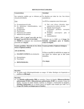 BIFENILOS POLICLORADOS

Características                             Toxicidad

Son sustancias estables que se obtienen por Se absorben por todas las vías. Son tóxicos
cloración del difenilo.                     acumulativos.

Usos                                        Los PCB se comportan como tóxicos para:

a) En transmisores de calor                    a) Piel: acné clórica, foliculitis, hiper-
b) En dieléctricos (transformadores, con-         pigmentación cutánea y de uñas
   densadores)                                 b) Higado: hepatomegalia
c) En lubricantes                              c) Neurológico periférico: neuropatia
d) Plastificantes                                 periférica
e) Protectores de la madera                    d) Probables cancerigenos para el
f) Industria de las pinturas                      hombre
                                               e) Inmunodepresor
C.M.P. y TLV: 1 mg/m3 (con 42% de Cl.);
0,5 mg/m3 (con 54% de Cl.) (ACGIH).     Calificados por la IARC en el Grupo 2A.
La NIOSH ha propuesto una concentración Probable carcinógeno para el hombre,
permisible de 1 mcg/m3.                 Cáncer de hígado.

Examen periódico. Detección de los efectos Examen periódico (Vigilancia biológica)
tóxicos (Vigilancia médica)

ANUALMENTE,
                                            Si bien es posible la medición en sangre no
   EXAMEN CLÍNICO con orientación:          son claros los valores que se dan como
                                            tolerables.
a) Dermatológica
b) Neurológica
                                            (Ver abajo)
   HEPATOGRAMA




Recordar:
♦ Se podría medir Bifenilospoliclorados en sangre. El Indice Biológico de Exposición se
   establece en 200 mcg/l.

Recordar:
♦ Los bifenilos polibromados PBB (en animales: Cáncer de hígado), Dibenzo-p-dioxinas
   policlorinadas PCDD y Dibenzofuranos policlorinados PCDF (en animales: Cáncer de
   hígado, sarcomas de tejidos blandos, linfomas no Hodgkin y Enfermedad de Hodgkin),
   Parafinas Policloradas (en el animal Cáncer de hígado) están listados por IARC en el
   Grupo 2B. Posible carcinógeno para el hombre.




                                                                                      98
 