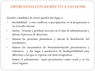 DIFERENCIAS CON RESPECTO A LAS DOSIS

Grandes cantidades de toxico pueden dar lugar a:
e   Insolubilidad y esto conllevar a precipitación en la preparación o
    en el medio interno
r   Suelen lesionar y producir necrosis en el sitio de administración y
    alterar el proceso de absorción
s   Saturan las proteínas plasmáticas y alteran la distribución del
    xenobiótico
e   Saturar los mecanismos de biotransformación presistemicos y
    sistémicos y dar lugar a parámetros de biodisponibilidad muy
    diferentes a los que se esperan con dosis terapéuticas
    Satura el aclaramiento tanto presistemico como renal y en los
    otros órganos
 