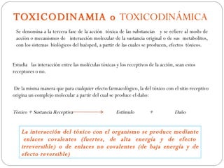 TOXICODINAMIA o TOXICODINÁMICA
 Se denomina a la tercera fase de la acción tóxica de las substancias y se refiere al modo de
 acción o mecanismos de interacción molecular de la sustancia original o de sus metabolitos,
 con los sistemas biológicos del huésped, a partir de las cuales se producen, efectos tóxicos.


Estudia las interacción entre las moléculas tóxicas y los receptivos de la acción, sean estos
receptores o no.


De la misma manera que para cualquier efecto farmacológico, la del tóxico con el sitio receptivo
origina un complejo molecular a partir del cual se produce el daño:


Tóxico + Sustancia Receptiva                        Estímulo         +            Daño


    La interacción del tóxico con el organismo se produce mediante
     enlaces covalentes (fuertes, de alta energía y de efecto
    irreversible) o de enlaces no covalentes (de baja energía y de
    efecto reversible)
 