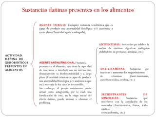 Sustancias dañinas presentes en los alimentos

               AGENTE TOXICO: Cualquier sustancia xenobiótica que es
               capaz de producir una anormalidad fisiológica y/o anatómica a
               corto plazo (Toxicidad aguda o subaguda),



                                                                 ANTIENZIMAS: Sustancias que inhiben la
                                                                 acción de enzimas digestivas endógenas
                                                                 (Inhibidores de proteasas, amilasas, etc.)
ACTIVIDAD
DAÑINA DE
XENOBIOTICOS   AGENTE ANTINUTRICIONAL: Sustancia
PRESENTES EN   presente en el alimento, que tiene la capacidad
ALIMENTOS      de reaccionar o interferir con un nutrimento,      ANTIVITAMINAS:             Sustancias que
               disminuyendo su biodisponibilidad y a largo        inactivan o aumentan los requerimientos
               plazo (Toxicidad crónica) es capaz de producir     de        vitaminas        (Anti-tiaminasas,
               una anormalidad fisiológica y/o anatómica, que     ascorbicooxidasa, avidina, etc.)
               en la mayoría de los casos es irreversible.
               Sin embargo, el propio nutrimento puede
               actuar como antagonista; por lo cual, una
               fortificación de éste, en la etapa inicial del      SECUESTRANTES                        DE
               efecto dañino, puede atenuar o eliminar el          MINERALES:             Sustancias     que
               problema                                            interfieren con la asimilación de los
                                                                   minerales (Anti-tiroideos, fitatos, ácido
                                                                   oxálico,
                                                                   ovotransferrina, etc.)
 