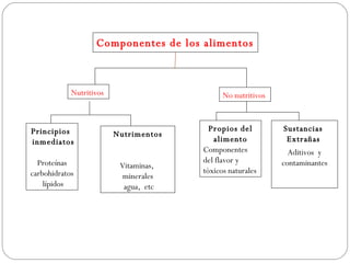 Componentes de los alimentos



            Nutritivos                       No nutritivos



Principios                               Propios del         Sustancias
                         Nutrimentos
inmediatos                                alimento            Extrañas
                                       Componentes             Aditivos y
  Proteínas                            del flavor y          contaminantes
                          Vitaminas,
carbohidratos                          tóxicos naturales
                           minerales
    lípidos                agua, etc
 