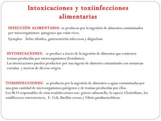 Intoxicaciones y toxiinfecciones
                         alimentarias
 INFECCIÓN ALIMENTARIA: se producen por la ingestión de alimentos contaminados
 por microorganismos patogenos que están vivos.
 Ejemplos: fiebre tifoidea, gastroenteritis infecciosa y shiguelosis


INTOXICACIONES: se produce a través de la ingestión de alimentos que contienen
toxinas producidas por microorganismos (botulismo).
Las intoxicaciones pueden producirse por una ingesta de alimento contaminado con sustancias
extrañas y nocivas de diverso origen.


TOXIINFECCIONES: se producen por la ingestión de alimentos o aguas contaminadas por
una gran cantidad de microorganismos patógenos y de toxinas producidas por ellos.
Los M.O responsables de estas toxiinfecciones son: género salmonella, la especie Clostridium, los
estafilococos enterotoxicos, E. Coli, Bacillus cereus y Vibrio parahaemolíticus.
 