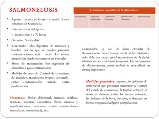 SALMONELOSIS                                                  Tratamiento especifico de la salmonelosis

                                                  Cloramfenicol   Ampicilina    Cefoperazona   Ciprofloxacina   Sulfametoxazol
   Agente: cocobacilo Gram – y movil. Varios                     Amoxicilina   Ceftriaxona    Ofloxacina

    serotipos de Salmonella
   Características del agente:
     P. incubación: 6 a 72 horas
   Duración: Varios días
   Reservorio: tubo digestivo de animales y
    hombre por lo que se pueden producir                  Corticoides: el uso de dosis elevadas de
    contaminaciones con heces. En menor                   dexametasona en el manejo de la fiebre tifoidea y
    proporción puede encontrarse en vegetales             solo debe ser usada en el tratamiento de la fiebre
                                                          tifoidea severa y en forma temprana. De ésta manera
   Modo de transmisión: Por ingestión de
                                                          de dexametasona puede reducir la mortalidad en
    alimentos y agua contaminados
                                                          forma importante.
   Medidas de control: Control de la matanza
    de animales, tratamiento térmico adecuado,
    evitar contaminación cruzada, evitar                      Medidas generales: reposo, los cuidados de
    proliferación                                             enfermería que permitan mantener el control
                                                              del estado de conciencia, la tensión arterial, el
                                                              pulso, la diuresis, evitar las úlceras cutáneas,
    Síntomas: Dolor abdominal, nauseas, cefaleas,             las lesiones de la boca, los ojos, o detectar en
    diarreas, vómitos, escalofríos, fiebre náuseas y          forma temprana cualquier complicación.
    manifestaciones nerviosas como contracciones
    musculares, somnolencia, etc.
 