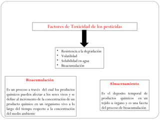 Factores de Toxicidad de los pesticidas



                                 •   Resistencia a la degradación
                                 •   Volatilidad
                                 •   Solubilidad en agua
                                 •   Bioacumulación


             Bioacumulación
                                                                         Almacenamiento
Es un proceso a través del cual los productos
químicos pueden afectar a los seres vivos y se                      Es el deposito temporal de
define al incremento de la concentración de un                      productos químicos en un
producto químico en un organismo vivo a lo                          tejido u órgano y es una faceta
largo del tiempo respecto a la concentración                        del proceso de bioacumulación
del medio ambiente
 