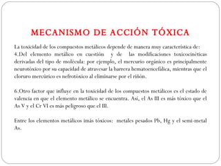 MECANISMO DE ACCIÓN TÓXICA
La toxicidad de los compuestos metálicos depende de manera muy característica de:
4.Del elemento metálico en cuestión y de las modificaciones toxicocinéticas
derivadas del tipo de molécula: por ejemplo, el mercurio orgánico es principalmente
neurotóxico por su capacidad de atravesar la barrera hematoencefálica, mientras que el
cloruro mercúrico es nefrotóxico al eliminarse por el riñón.

6.Otro factor que influye en la toxicidad de los compuestos metálicos es el estado de
valencia en que el elemento metálico se encuentra. Así, el As III es más tóxico que el
As V y el Cr VI es más peligroso que el III.

Entre los elementos metálicos imás tóxicos: metales pesados Pb, Hg y el semi-metal
As.
 