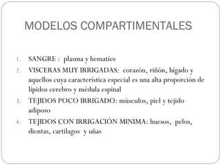 MODELOS COMPARTIMENTALES

1. SANGRE : plasma y hematíes
2. VISCERAS MUY IRRIGADAS: corazón, riñón, hígado y
   aquellos cuya característica especial es una alta proporción de
   lípidos cerebro y médula espinal
3. TEJIDOS POCO IRRIGADO: músculos, piel y tejido
   adiposo
4. TEJIDOS CON IRRIGACIÓN MINIMA: huesos, pelos,
   dientas, cartilagos y uñas
 