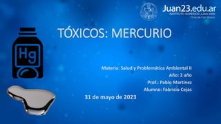 TÓXICOS: MERCURIO
Materia: Salud y Problemática Ambiental II
Año: 2 año
Prof.: Pablo Martínez
Alumno: Fabricio Cejas
31 de mayo de 2023
 