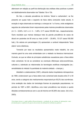 Sergio Rabello Alves 83
Toxicologia forense e saúde pública:Desenvolvimento e avaliação de um sistema de informações como
ferramenta para a vigilância de agravos decorrentes da utilização de substâncias químicas
alternaram em relação ao perfil de distribuição das análises ditas positivas e podem
ser detalhadamente observadas nas Tabelas 13a e 13b.
De fato, a elevada prevalência do binômio “álcool e carbamatos”, se fez
presente em quase todo o espectro de faixa etária conduzido neste estudo. A
exceção à regra observada se restringiu a crianças de 1 a 9 anos, onde analgésicos
seguidos de carbamatos foram responsáveis pelas maiores prevalências observadas
(n= 5 – 6,94%, 0,21 e n= 4 – 1,46%, 0,17 casos:100.000 hab., respectivamente).
Outro resultado que merece destaque trata da grande prevalência de casos de
álcool em pacientes de 80 anos ou mais (n=241 – 20,46%, 131,57 casos:100.000
hab.). Os valores em percentagem (%) apresentam a variável independente “faixa
etária” como referência.
Tomando por base os resultados apresentados neste trabalho, de uma
maneira geral há uma certa similaridade com o relatado na literatura internacional.
Contudo, ao que se refere às principais substâncias causadoras para a faixa etária
mais vulnerável, há de se considerar as eventuais diferenças sócio-econômicas,
culturais e, sobretudo as relacionadas às tecnologias analíticas empregadas (ex.:
sensibilidade do método X quantidade do material coletado – crianças.).
Abdollahi e colaboradores (1997), utilizando dados hospitalares retrospectivos
de 1994, evidenciaram que a faixa etária mais vulnerável está situada entre 21 e 40
anos, sendo a categoria dos medicamentos responsável por 60,2% das ocorrências.
Uma avaliação dos dados de toxicologia forense da população paquistanesa, no
período de 1997 a 2001, identificou uma maior prevalência nas terceira e quarta
décadas correlacionando-as com o uso de heroína em 65,38% dos casos (ALI et al.,
2003).
 